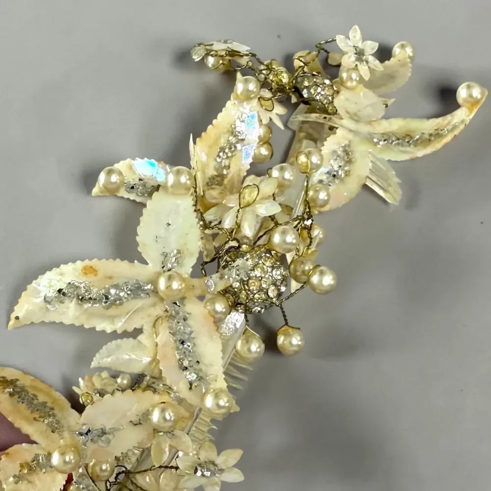 Mid Century Crown Tiara Shell Pearl Floral Headpiece Vintage Wedding MCM Prom